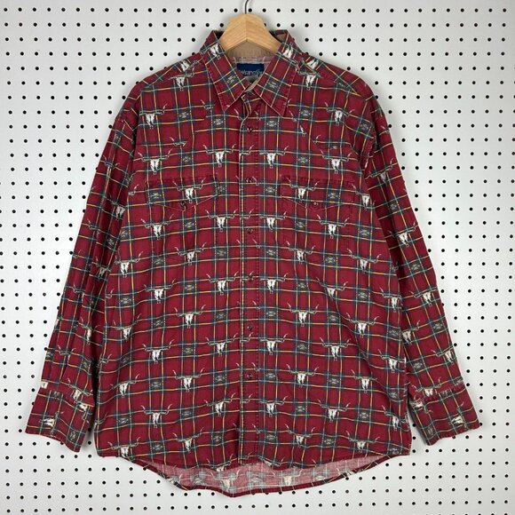 Wrangler Pearl Snap Western Large Blue Cowboy Graphic 90s Vtg Long Sleeve Cattle - Picture 1 of 6